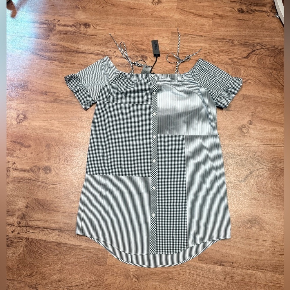 NWT Patchwork Gingham Off Shoulder Cotton Mini Dress Buffalo David Bitton Sz XL - Picture 8 of 8